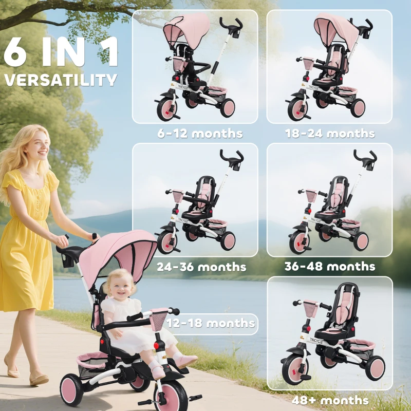 Qaba 6 in 1 Kids Tricycle with Adjustable Push Handle, Removable Canopy, Reversible Seat, for 1-5 Years, Pink