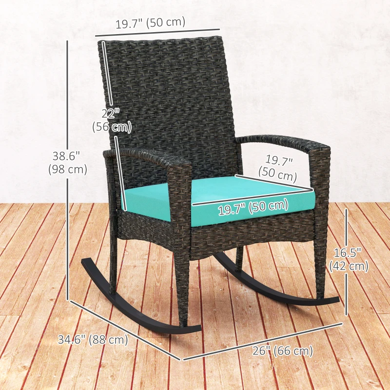 Outsunny Outdoor Rocking Chair, Patio Wicker Chair Removable Cushion, High Back and Armrests for Porch Balcony, Turquoise