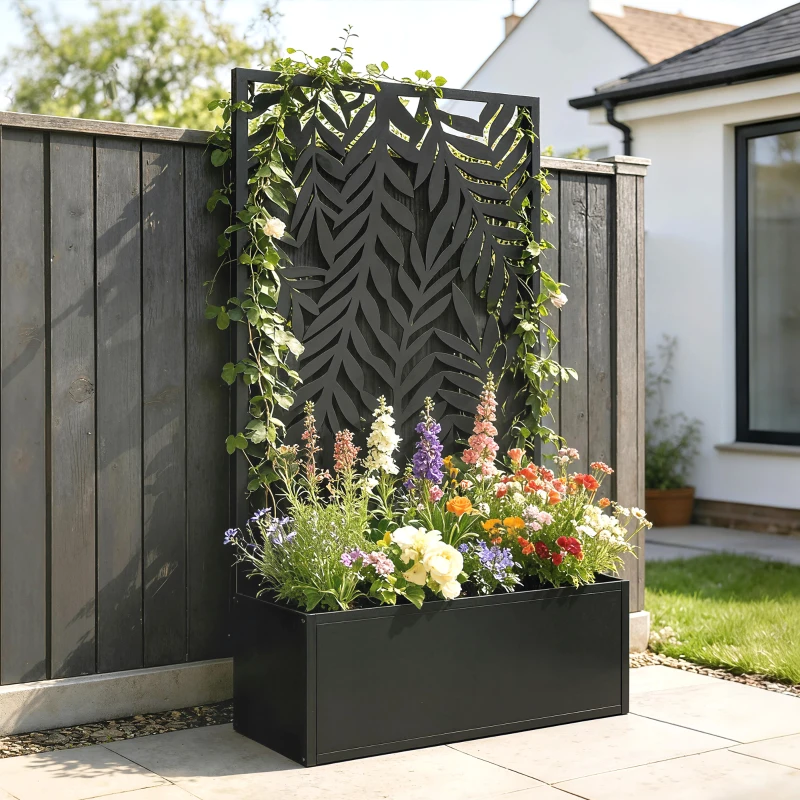 Outsunny Metal Planter Box with Trellis, 44.5" Raised Garden Bed with Trellis Privacy Screen for Climbing Plants