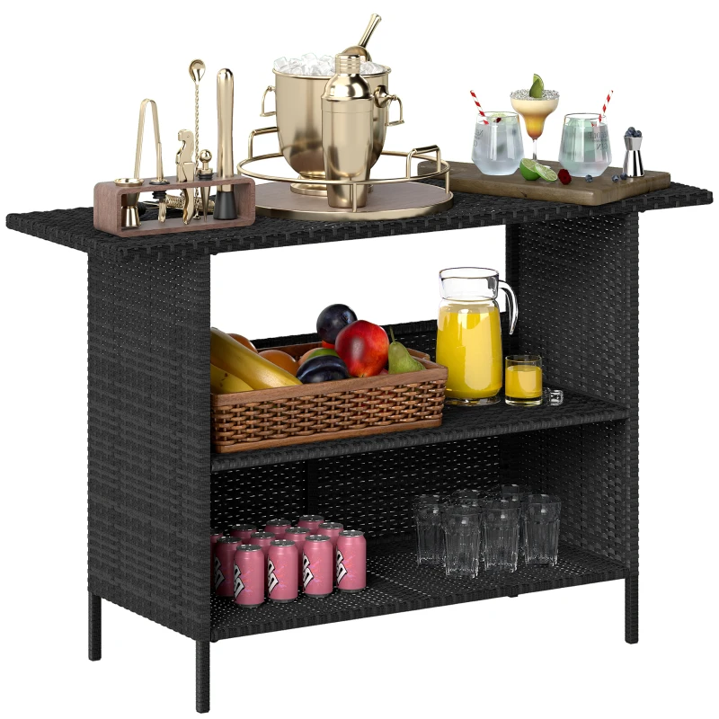 Outsunny Wicker Outdoor Bar Table, PE Rattan Bar Height Patio Table with 2 Shelves, Steel Frame for Garden, Backyard, Black