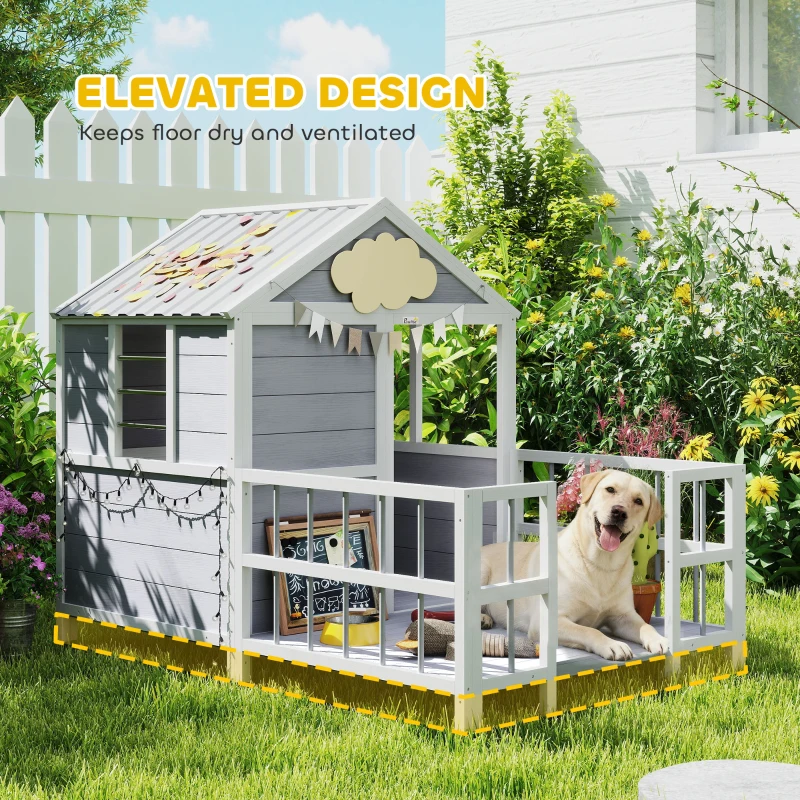 PawHut Outdoor Dog House, 61"L Wooden Dog House with Porch, Weatherproof Roof, Elevated Base, Air Vents & Observation Windows