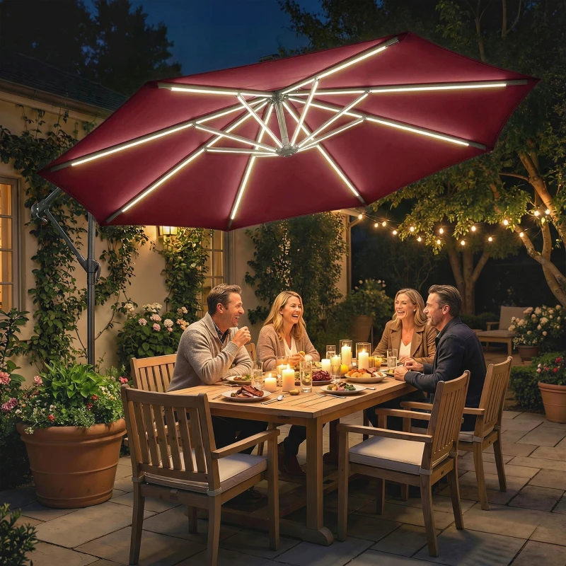 Outsunny 10 ft Offset Patio Umbrella with Solar Light, Garden Hanging Parasol with 360° Rotation, Tilt, Cover, Wine Red