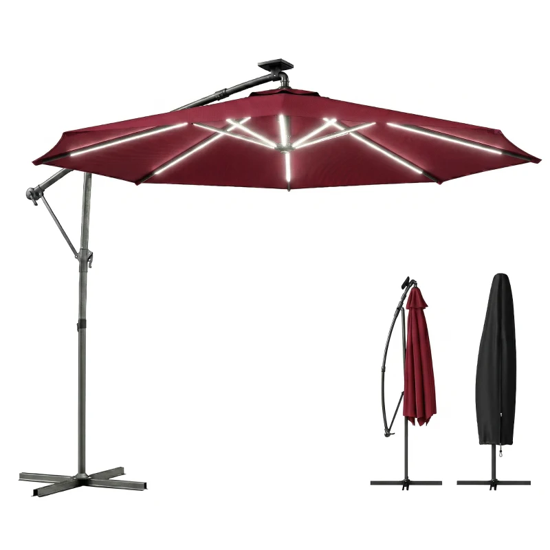 Outsunny 10 ft Offset Patio Umbrella with Solar Light, Garden Hanging Parasol with 360° Rotation, Tilt, Cover, Wine Red