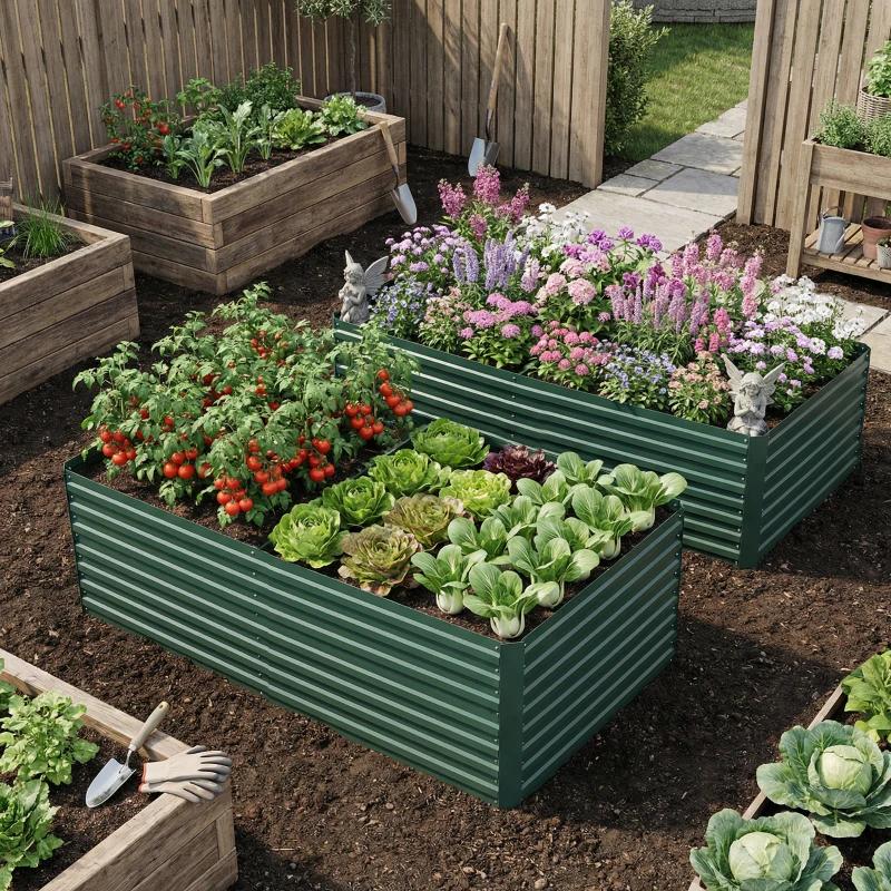 Outsunny Set of 2 Galvanised Raised Garden Bed, 6 x 3 x 2 ft Metal Garden Bed with Safe Edging, Green