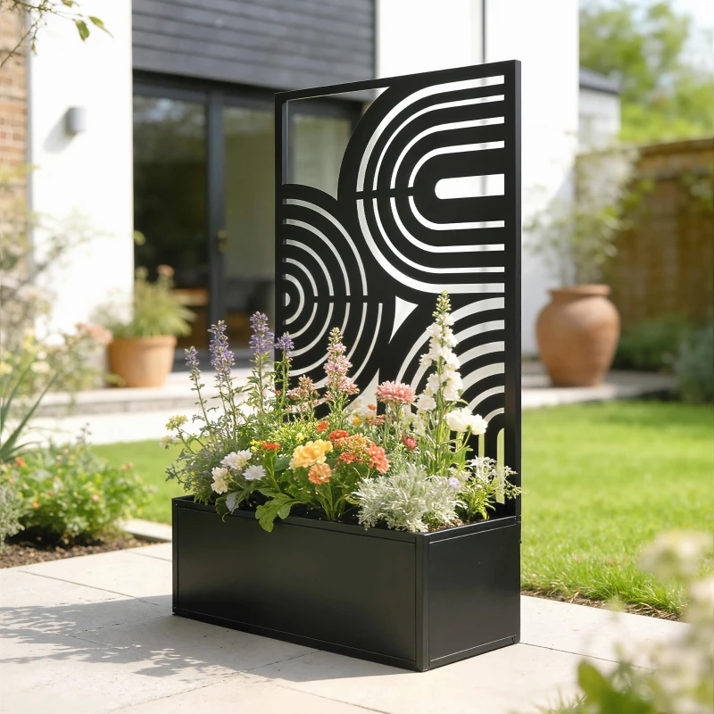 Outsunny Metal Planter Box with Trellis, 44.5" Raised Garden Bed with Trellis Privacy Screen for Climbing Plants