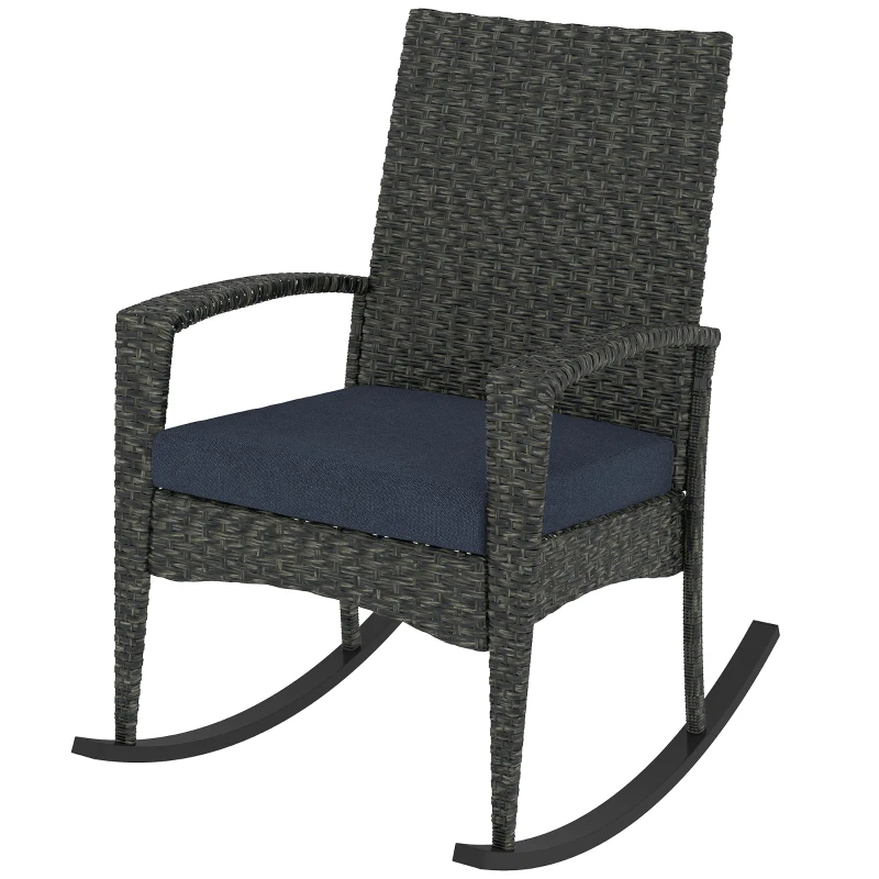Outsunny Outdoor Rocking Chair, Patio Wicker Chair Removable Cushion, High Back and Armrests for Porch Balcony, Navy Blue