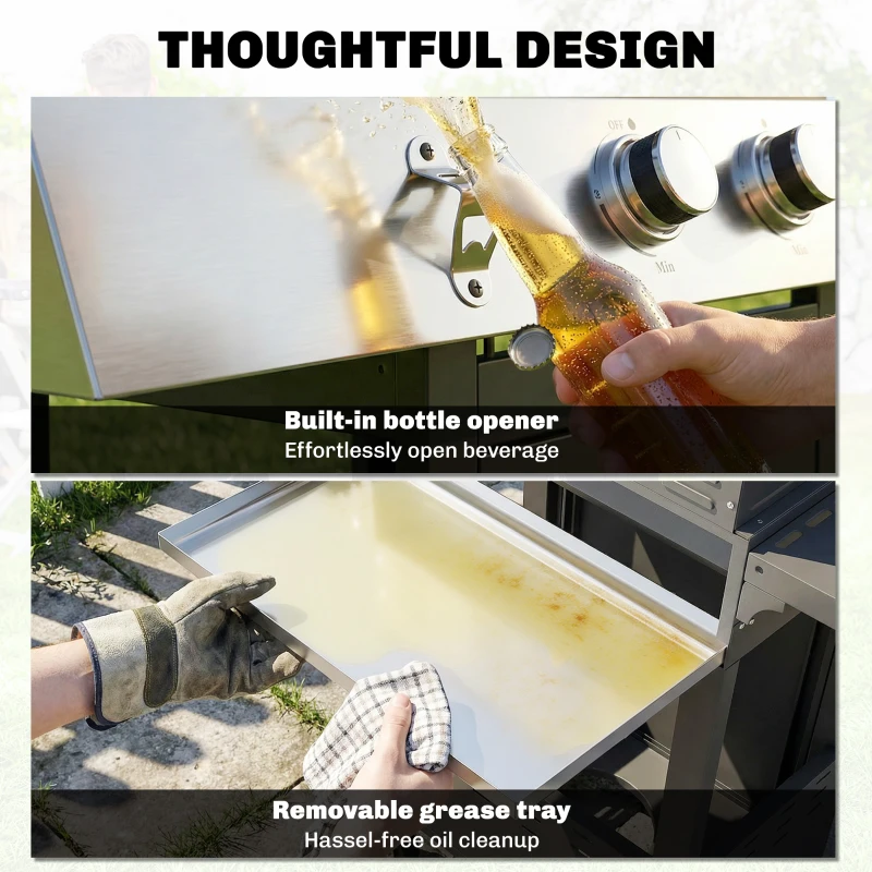 Outsunny 3 Burner Propane Gas Grill with Side Burner, 36,000 BTU BBQ Grill with Cast Iron Grates, Wheels, Warming Rack, Cabinet