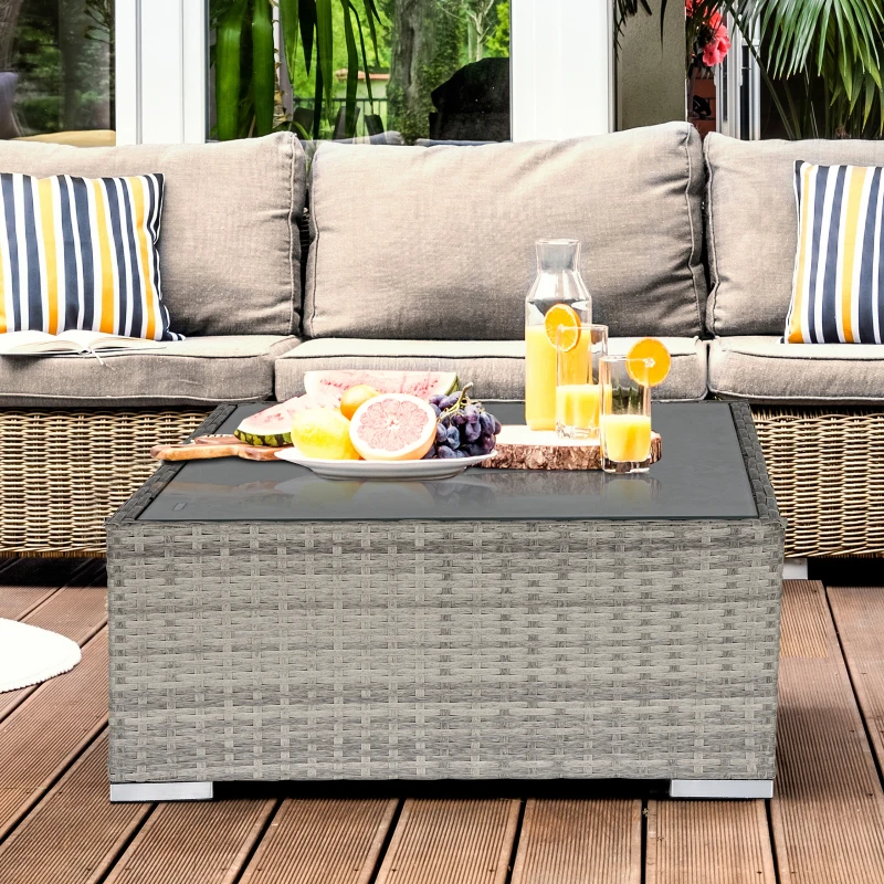 Outsunny Rattan Garden Coffee Table, 25.6" Square Garden Rattan Table with Tempered Glass Top, Grey