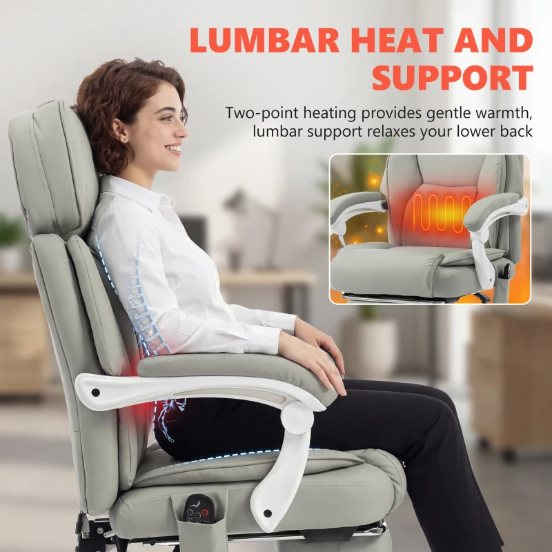 HOMCOM High Back Vibration Massage Office Chair Heated Reclining Computer Chair w/ Footrest, Swivel Wheels, Remote, Light Gray