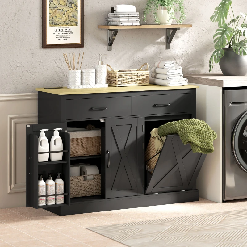 HOMCOM 7 Gallon Tilt Out Garbage Cabinet, Kitchen Island with Charging Station, 2 Drawers, 4 Door Racks, Black