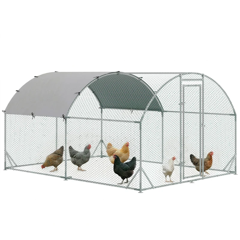 PawHut Galvanized Large Metal Chicken Coop Cage Walk-in Enclosure Poultry Hen Run House Playpen Rabbit Hutch with Cover for Outdoor Backyard 9.2' x 12.5' x 6.5' Silver