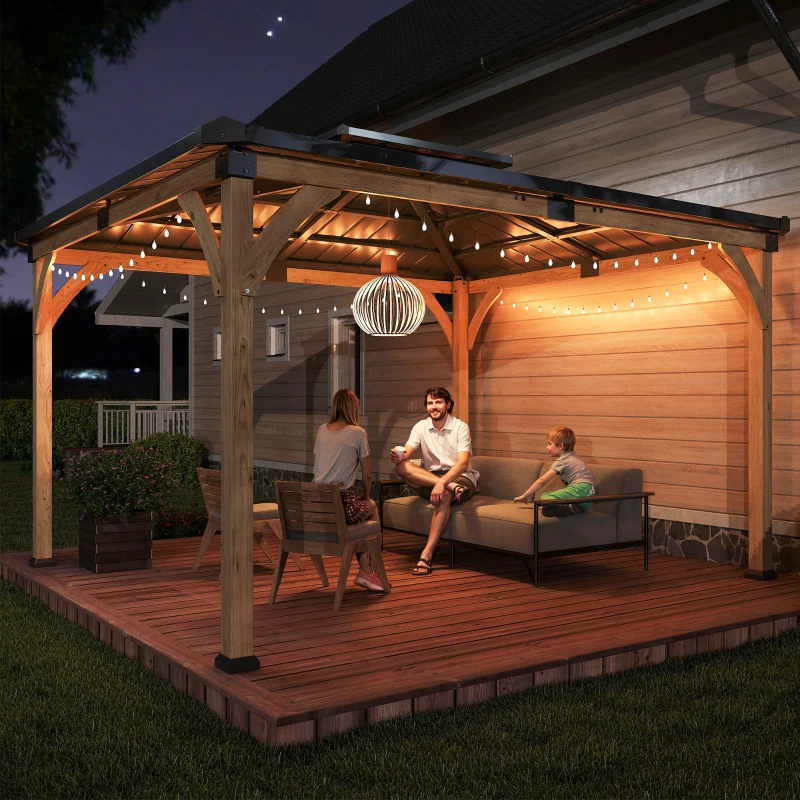 Outsunny 12' x 14' Hardtop Gazebo Canopy with Galvanized Steel Roof, Wood Frame, Double Roof Outdoor Gazebo, Light Walnut
