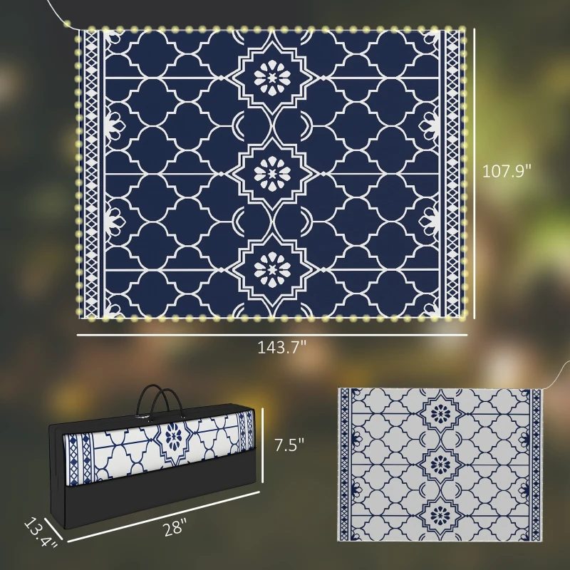 Outsunny Reversible Outdoor Rug Carpet with LED Lights, 12' x 9' PP Straw Rug with Carry Bag and Ground Stakes