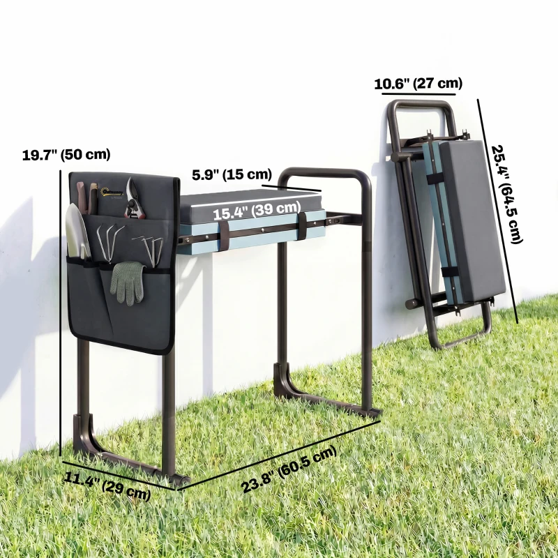 Outsunny Garden Kneeler and Seat, Heavy Duty Foldable Gardening Stool with Thicker Soft Kneeling Pad, Extendable Steel Legs