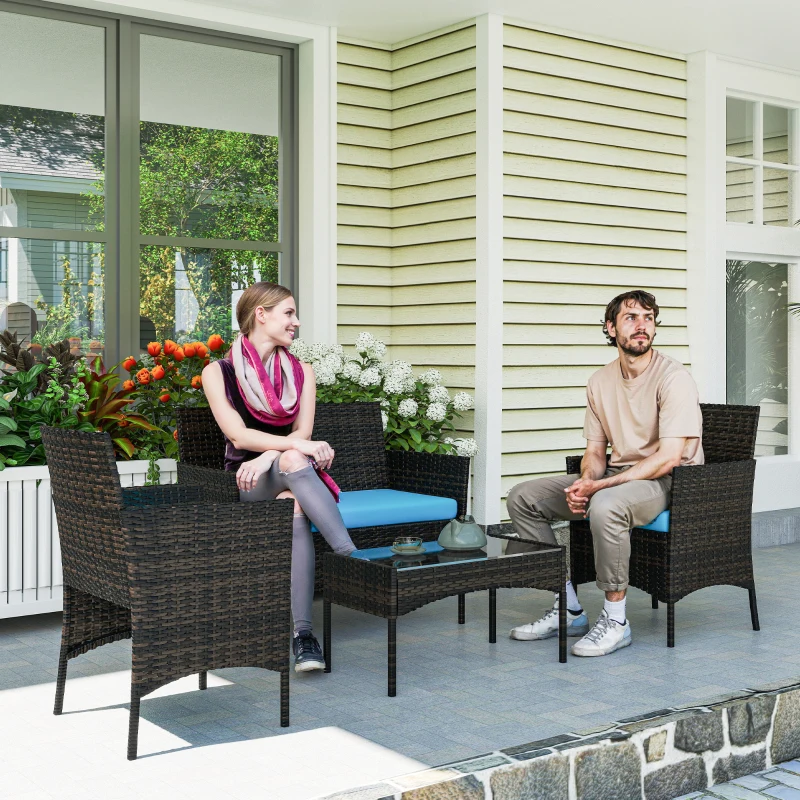 Outsunny 4 Pieces Wicker Outdoor Balcony Furniture Set Rattan Patio Furniture Set with Loveseat Chairs Glass Coffee Table Turquoise