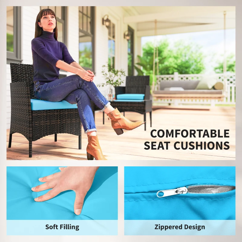 Outsunny 4 Pieces Wicker Outdoor Balcony Furniture Set Rattan Patio Furniture Set with Loveseat Chairs Glass Coffee Table Turquoise