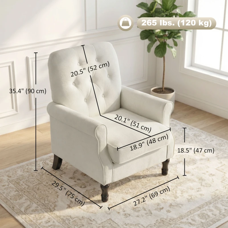 HOMCOM Accent Chair, Mid-Century Modern Armchair with Thick Padded Seat, Spring Cushion, Solid Wood Legs, Cream White