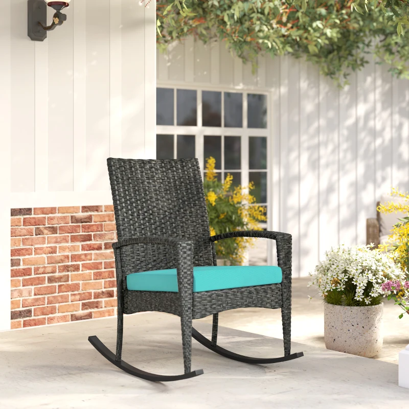 Outsunny Outdoor Rocking Chair, Patio Wicker Chair Removable Cushion, High Back and Armrests for Porch Balcony, Turquoise