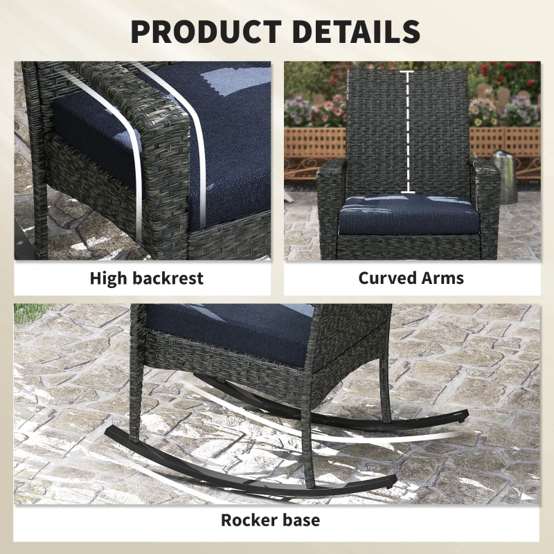 Outsunny Outdoor Rocking Chair, Patio Wicker Chair Removable Cushion, High Back and Armrests for Porch Balcony, Navy Blue