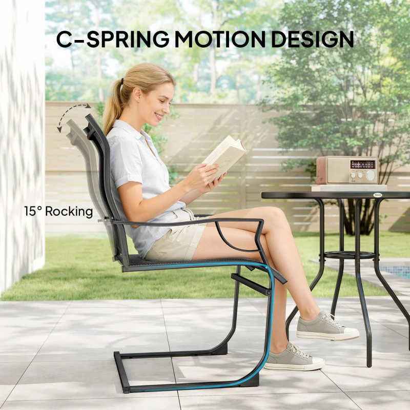 Outsunny C Spring Motion Patio Chairs Set of 2 with Curved High Backrest, Armrest, All Weather Breathable Fabric, Metal Frame