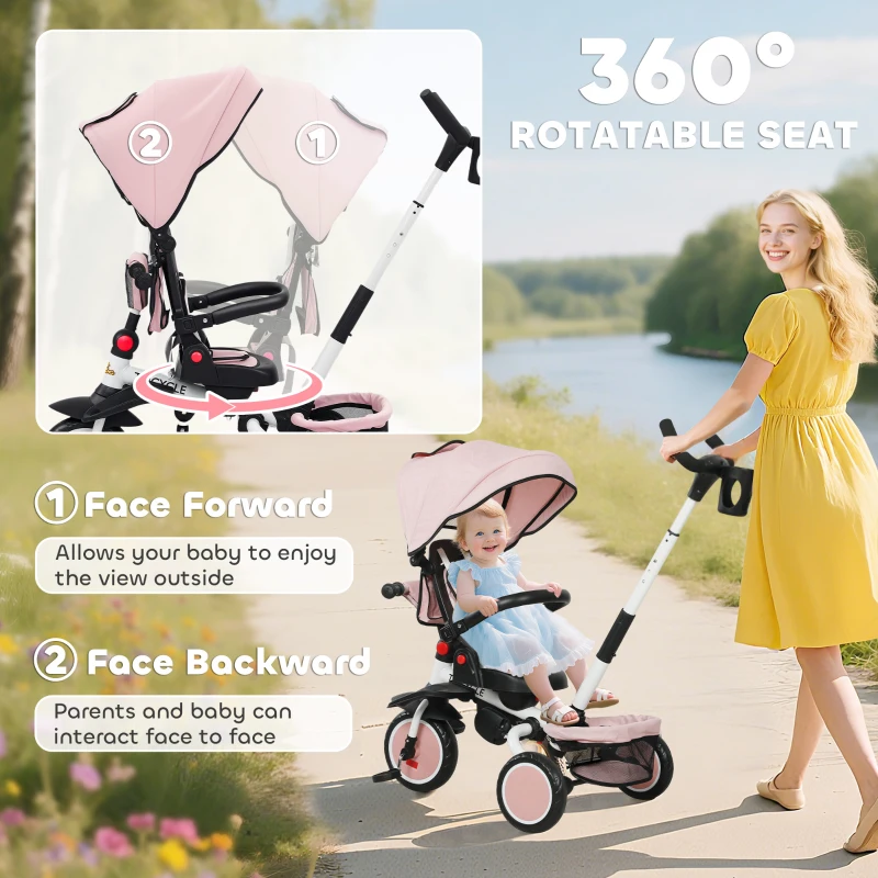 Qaba 6 in 1 Kids Tricycle with Adjustable Push Handle, Removable Canopy, Reversible Seat, for 1-5 Years, Pink