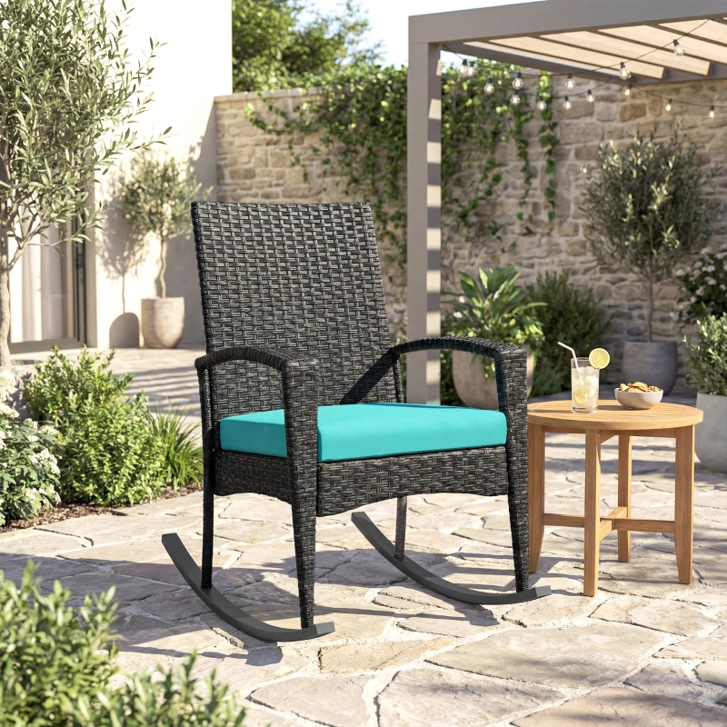 Outsunny Outdoor Rocking Chair, Patio Wicker Chair Removable Cushion, High Back and Armrests for Porch Balcony, Turquoise