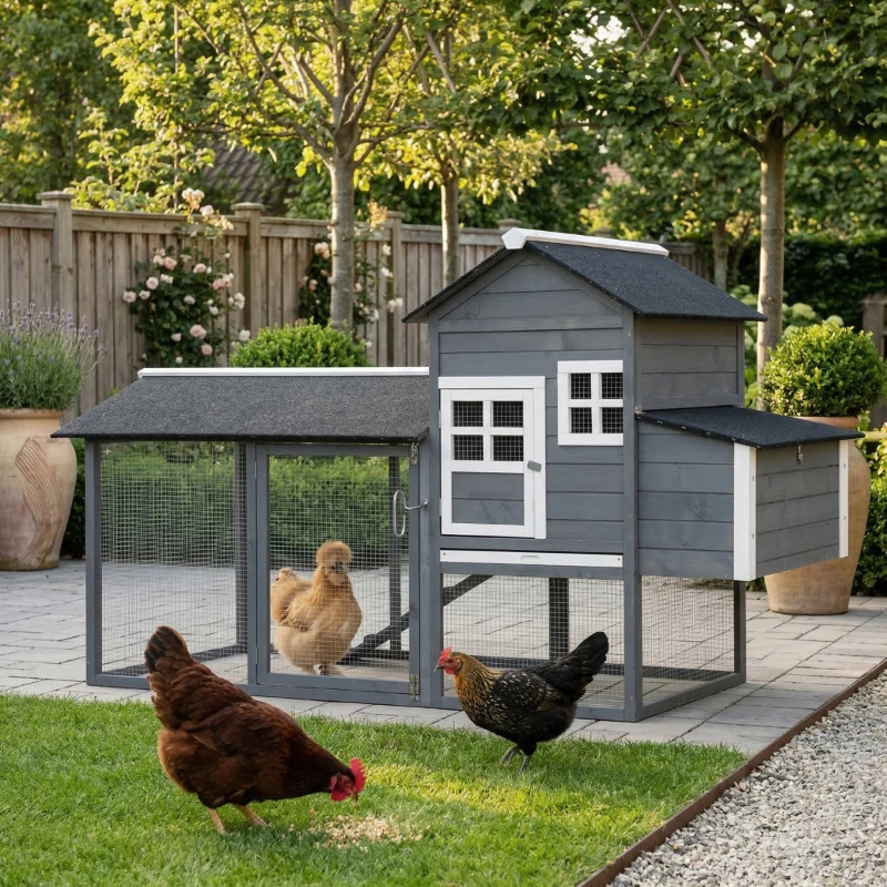 PawHut 84" Wooden Chicken Coop, Hen House Outdoor with Run Nesting Box, Asphalt Roof, Removable Tray, Ramp, Poultry Cage for 2-3 Chickens, Gray(m-11)