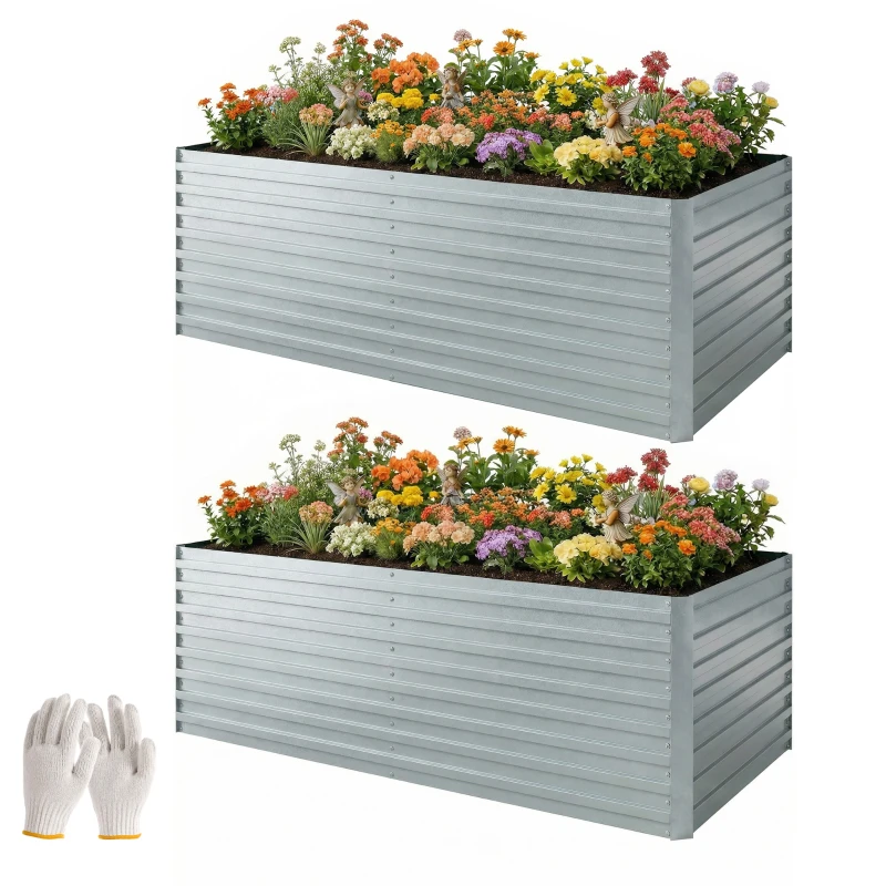 Outsunny Set of 2 Galvanised Raised Garden Bed, 6 x 3 x 2 ft Metal Garden Bed with Safe Edging, Silver