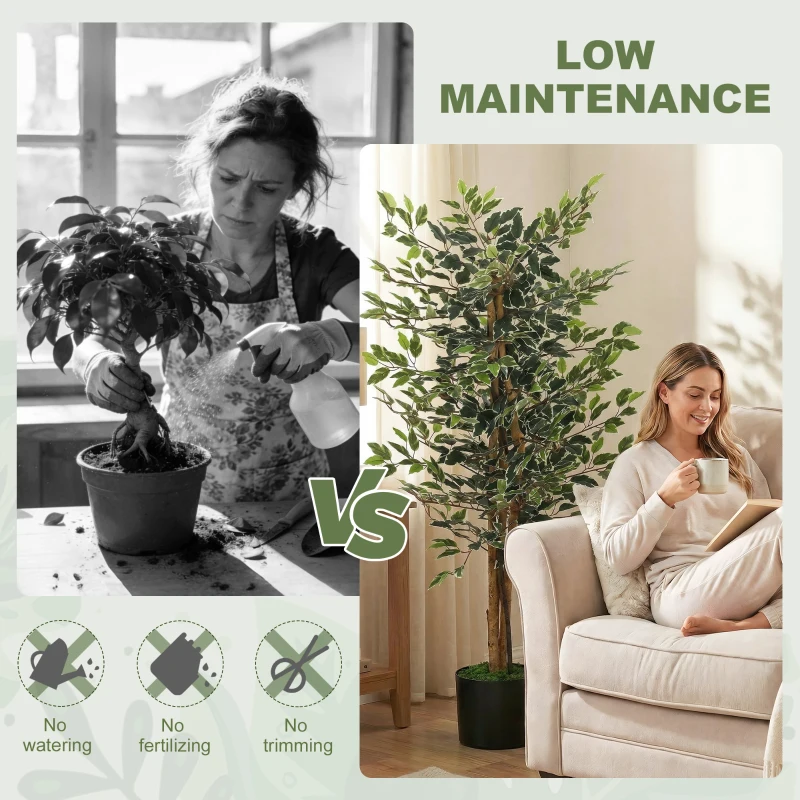 HOMCOM Artificial Tree, Fake Ficus Tree with Leaves, Faux Plant in Nursery Pot for Indoor Decoration