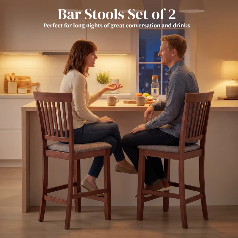 HOMCOM Counter Height Bar Stools with Padded Seat, High Back Kitchen Chairs Set of 2 for Dining Room, Gray and Dark Brown