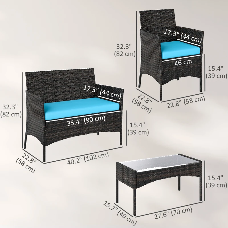 Outsunny 4 Pieces Wicker Outdoor Balcony Furniture Set Rattan Patio Furniture Set with Loveseat Chairs Glass Coffee Table Turquoise