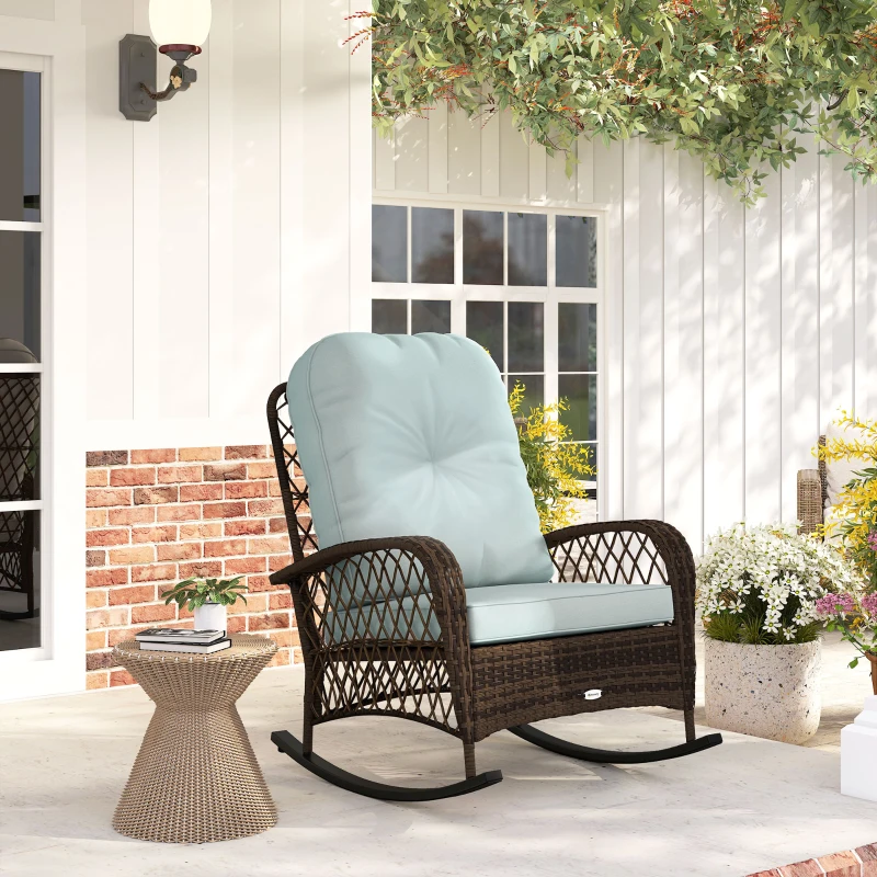 Outsunny Outdoor Wicker Rattan Rocking Chair Patio Rocker with Thick Cushions for Garden Backyard Porch, Light Green