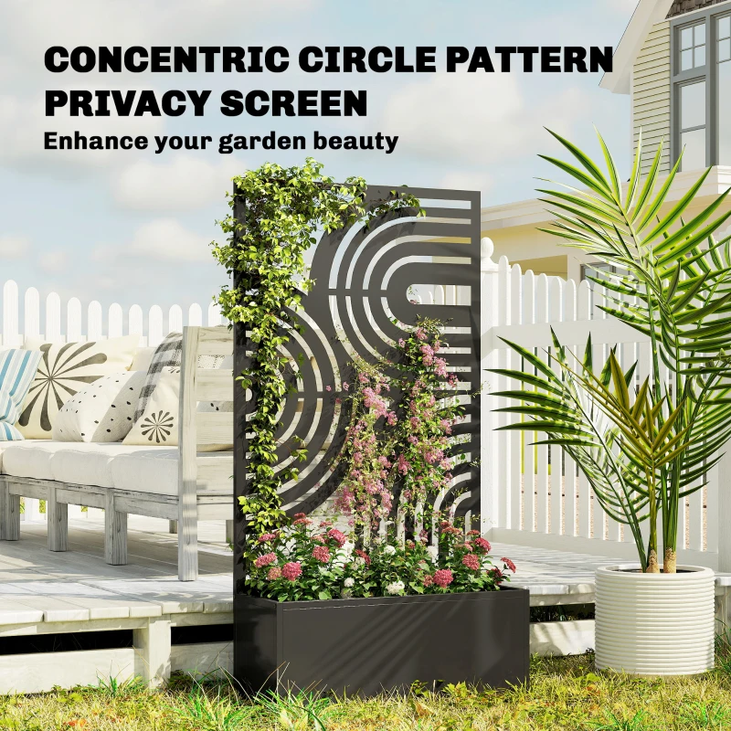 Outsunny Metal Planter Box with Trellis, 44.5" Raised Garden Bed with Trellis Privacy Screen for Climbing Plants