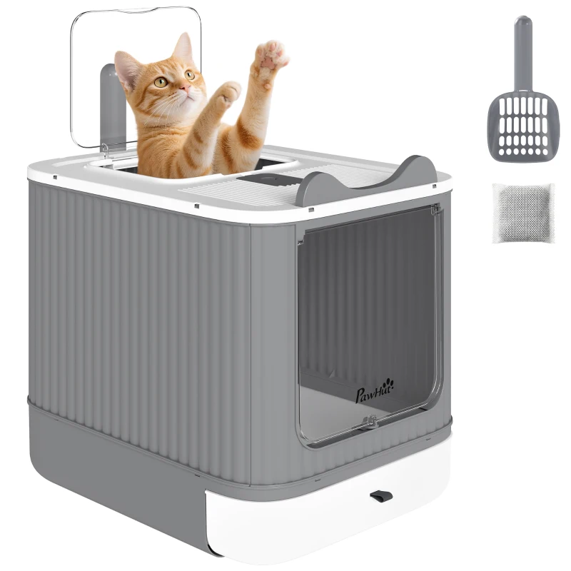 PawHut Cat Litter Box with Lid, Enclosed Litter Box for Medium Cats, Front-Entry and Top-Exit, Scoop, Deodorizer Bag, White