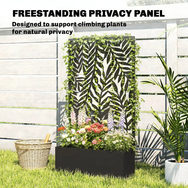 Outsunny Metal Planter Box with Trellis, 44.5" Raised Garden Bed with Trellis Privacy Screen for Climbing Plants