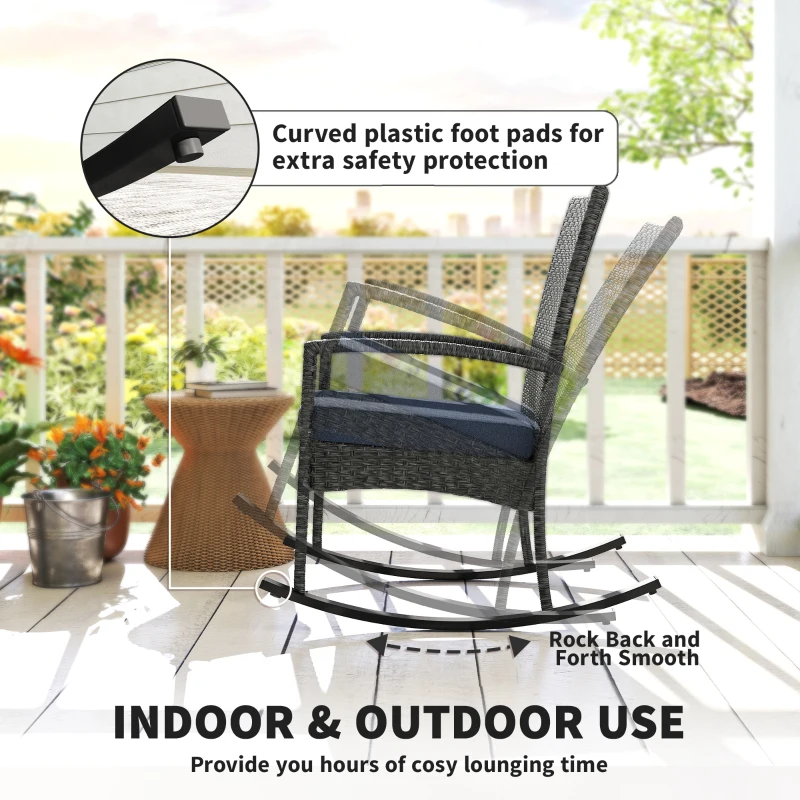 Outsunny Outdoor Rocking Chair, Patio Wicker Chair Removable Cushion, High Back and Armrests for Porch Balcony, Navy Blue