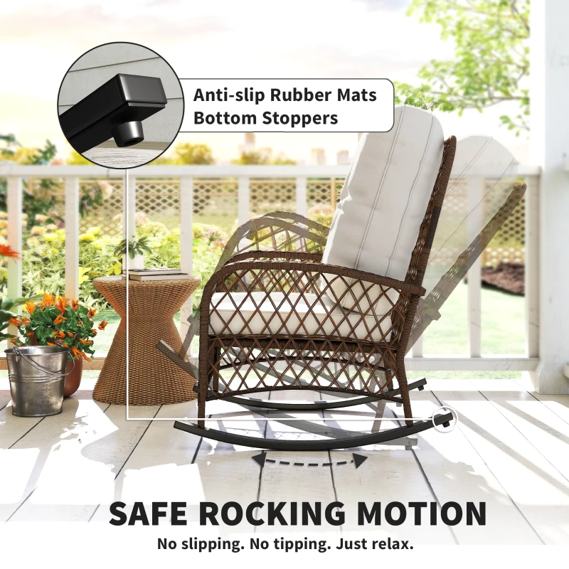 Outsunny Outdoor Wicker Rattan Rocking Chair Patio Rocker with Thick Cushions for Garden Backyard Porch, Light Mixed Brown