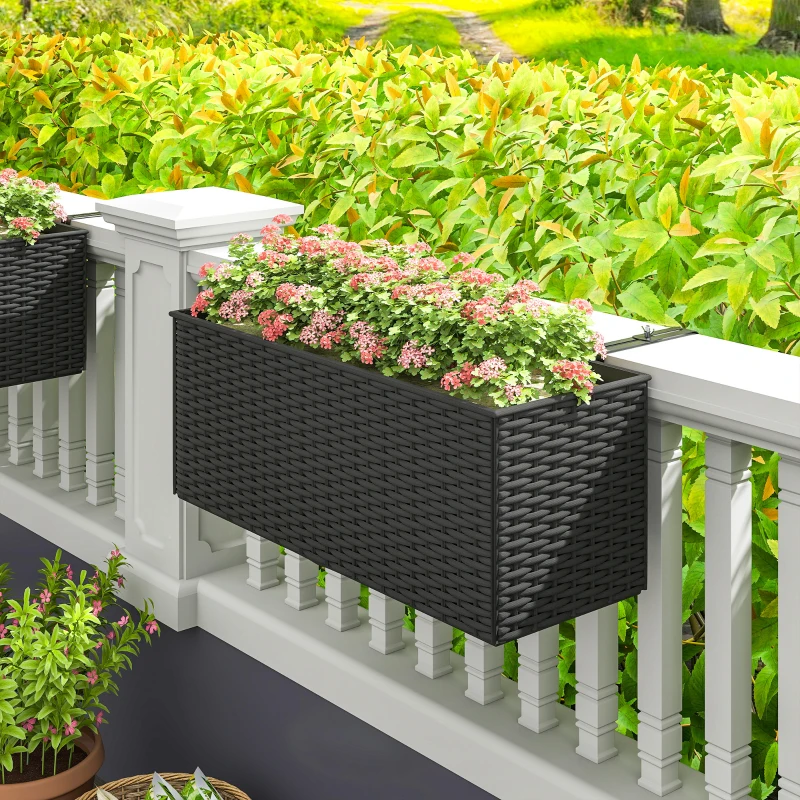 Outsunny 2 Pack 20 Inch Railing Flower Pots, Hanging Flower Pots with Hooks, Drainage Holes for Fence, Rattan Look, Black