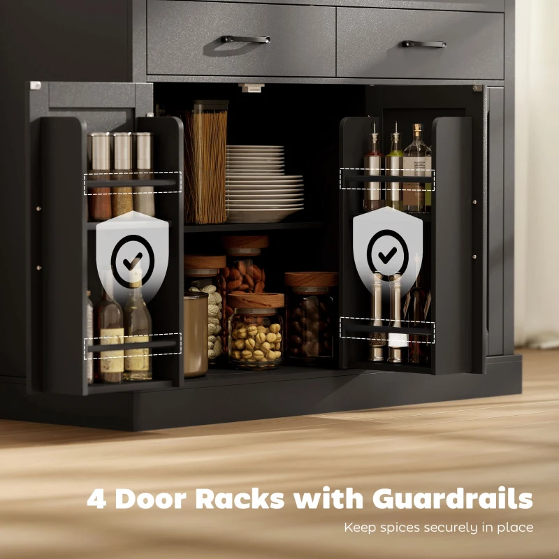 HOMCOM 7 Gallon Tilt Out Garbage Cabinet, Kitchen Island with Charging Station, 2 Drawers, 4 Door Racks, Black