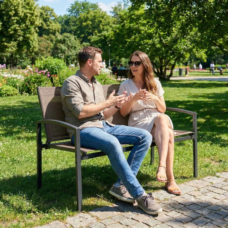 Outsunny Outdoor Garden Bench, 44 in Metal Patio Garden Park Bench with Breathable Mesh Fabric, 484 lb Load Capacity, Dark Brown