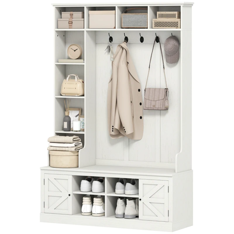 HOMCOM Hall Tree with Bench and Shoe Storage, Entryway Bench with Coat Rack, 12 Shelves, 2 Cabinets, 5 Hooks, White Wood Grain