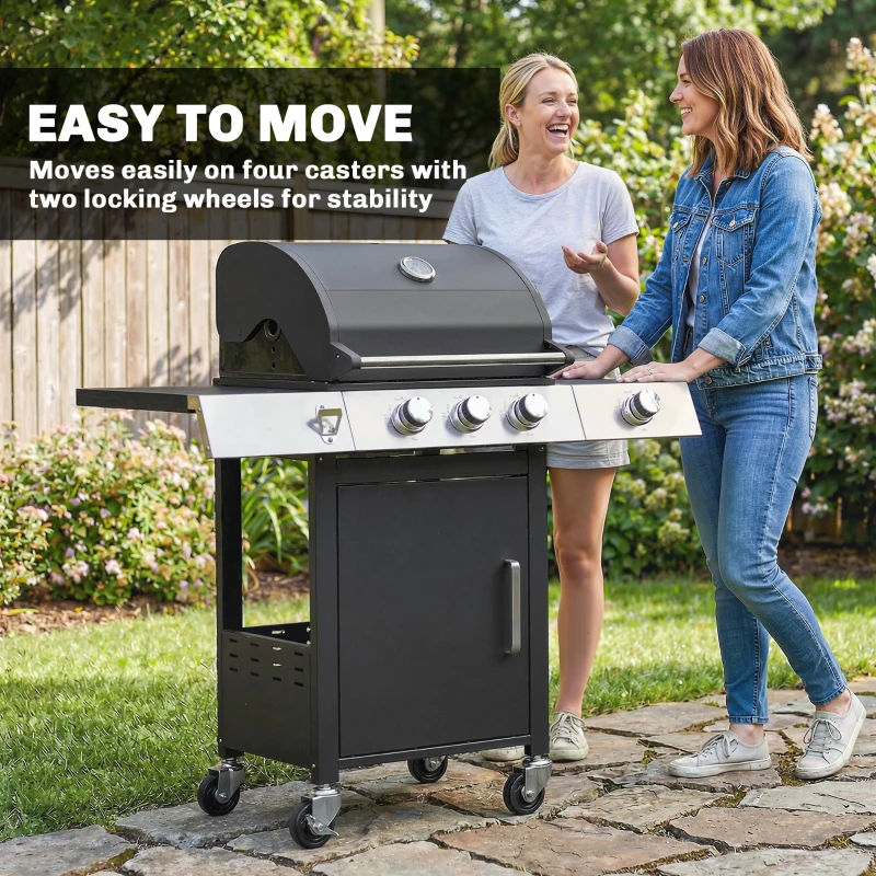 Outsunny 3 Burner Propane Gas Grill with Side Burner, 36,000 BTU BBQ Grill with Cast Iron Grates, Wheels, Warming Rack, Cabinet