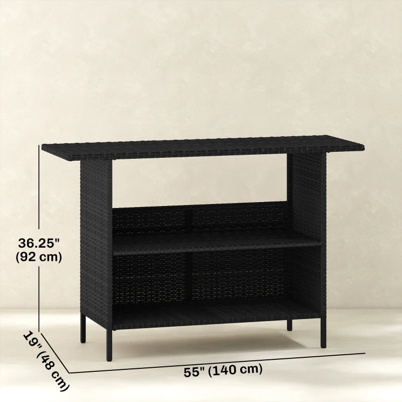 Outsunny Wicker Outdoor Bar Table, PE Rattan Bar Height Patio Table with 2 Shelves, Steel Frame for Garden, Backyard, Black
