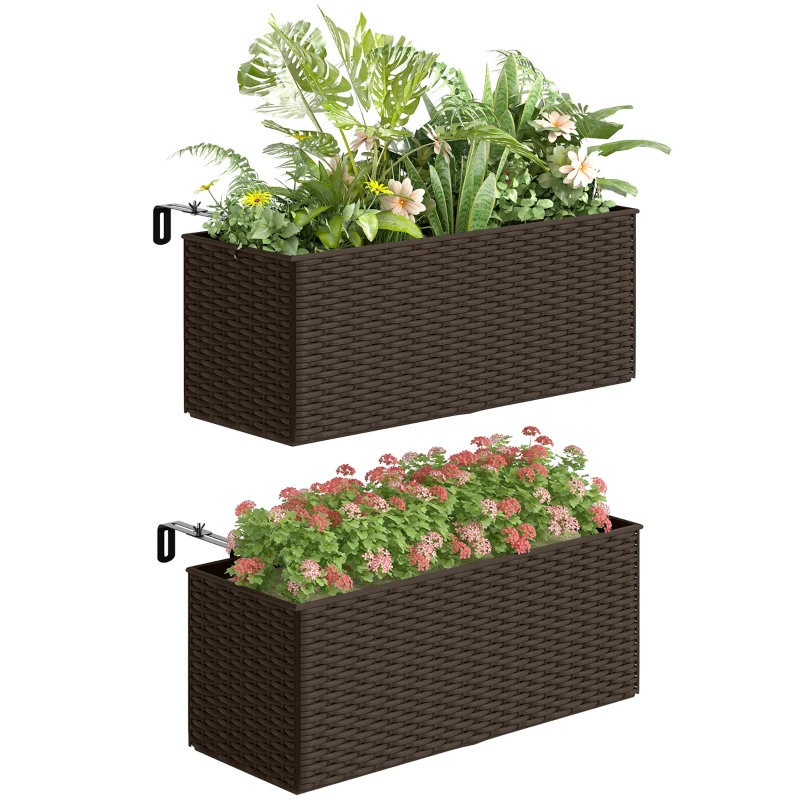Outsunny 2 Pack 20 Inch Railing Flower Pots, Hanging Flower Pots with Hooks, Drainage Holes for Fence, Rattan Look, Brown