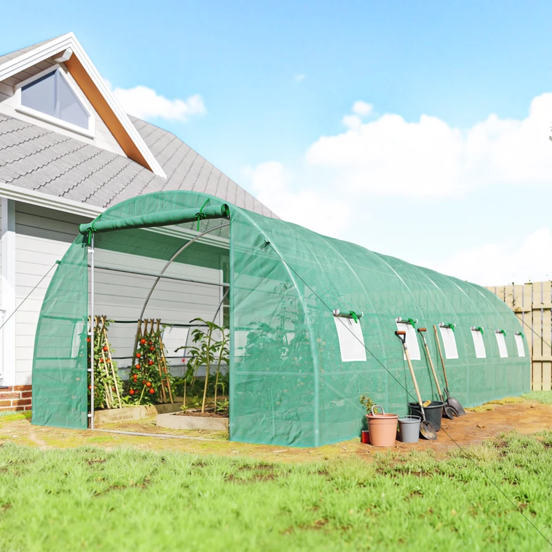 Outsunny 26' x 10' x 6.6' Walk-in Tunnel Hoop Greenhouse, PE Cover, Steel Frame, Roll-Up Zipper Door & 12 Mesh Windows for Flowers, Vegetables, Tropical Plants, Light Green