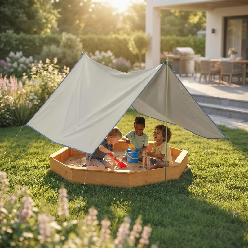 Qaba Wooden Sandbox with Large Canopy, Outdoor Sand Box with 4 Bench Seats, Bottom Liner for 8 Kids Aged 3-8, Yellow