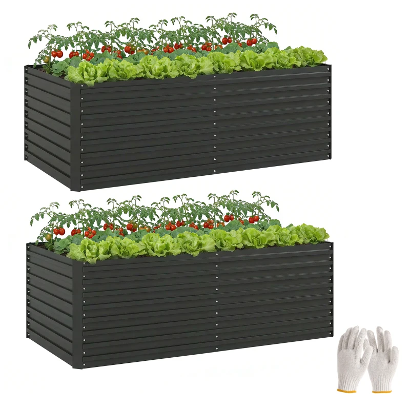 Outsunny Set of 2 Galvanised Raised Garden Bed, 6 x 3 x 2 ft Metal Garden Bed with Safe Edging, Dark Grey