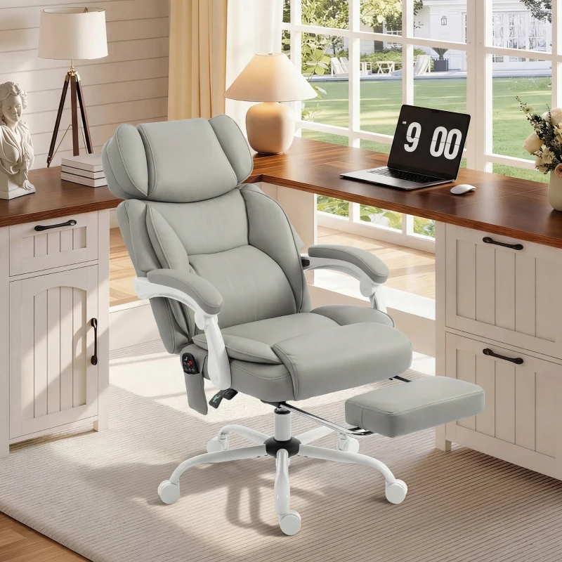 HOMCOM High Back Vibration Massage Office Chair Heated Reclining Computer Chair w/ Footrest, Swivel Wheels, Remote, Light Gray