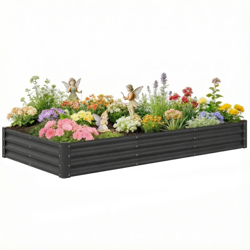 Outsunny 8 x 4 x 1ft Galvanized Raised Garden Bed, Reinforced Outdoor Planter Box with Open Bottom, Dark Grey
