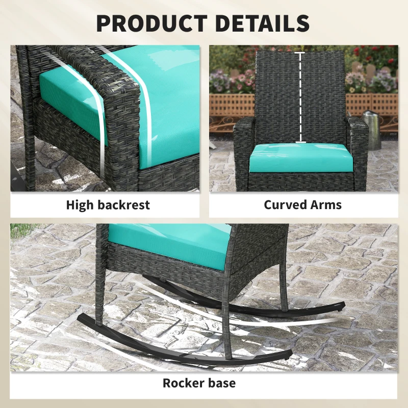 Outsunny Outdoor Rocking Chair, Patio Wicker Chair Removable Cushion, High Back and Armrests for Porch Balcony, Turquoise